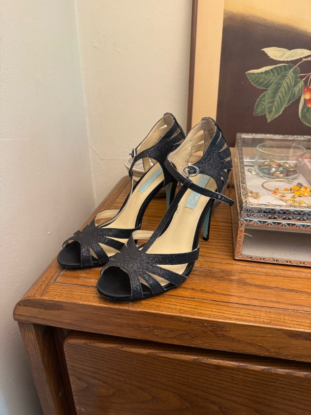 Betsey Johnson Black Glitter Peep-Toe Ankle-Strap Heels